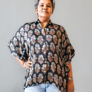 Black Floral Handblock Print Kaftan Shirt