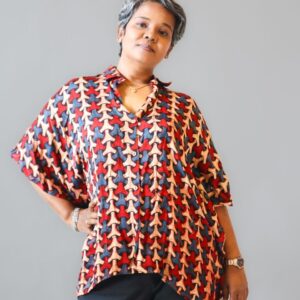 Red & Blue Geometric Handblock Print Kaftan Shirt