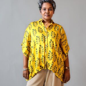 Yellow Floral Handblock Print Kaftan Shirt