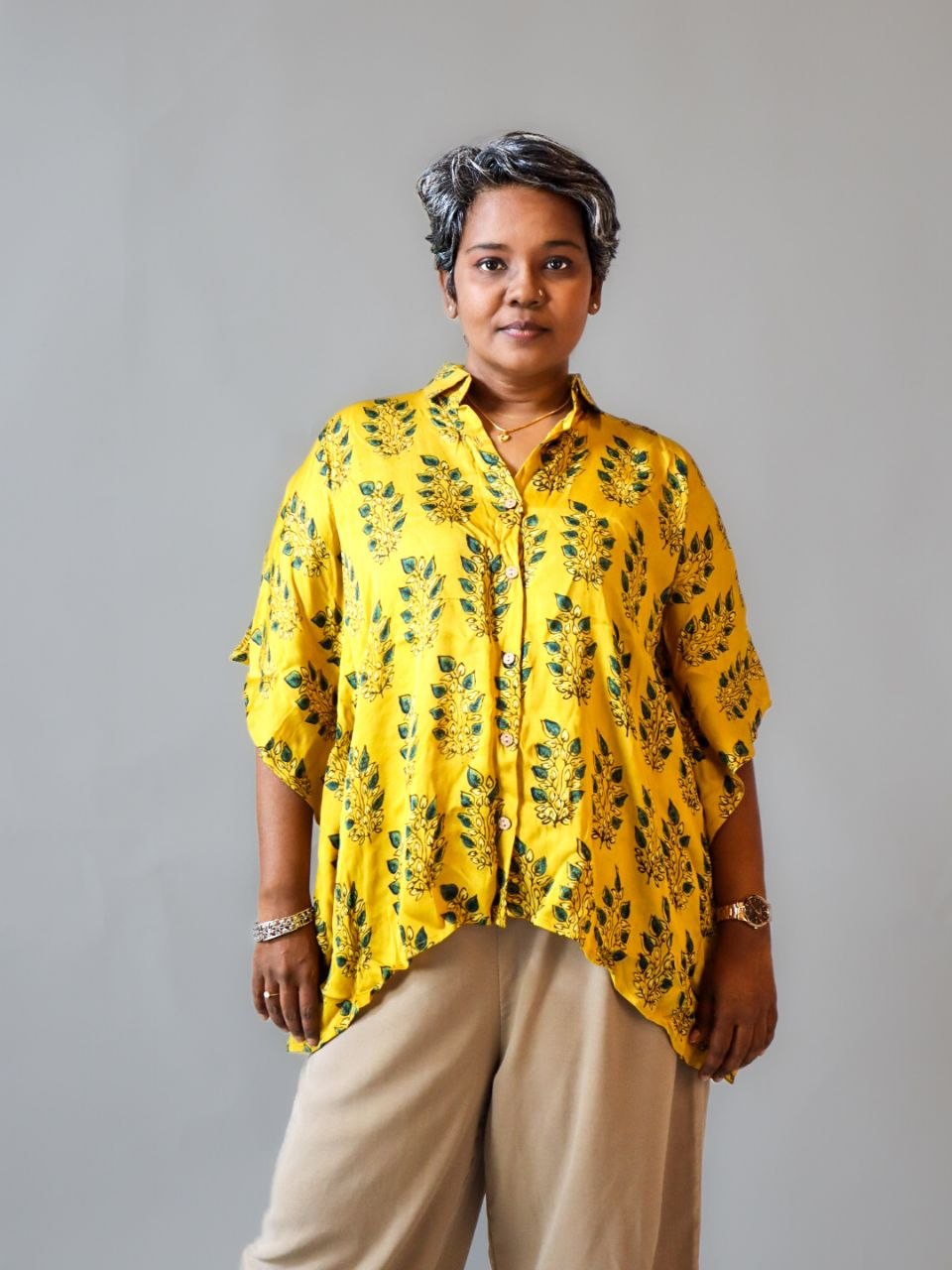 Yellow Floral Handblock Print Kaftan Shirt